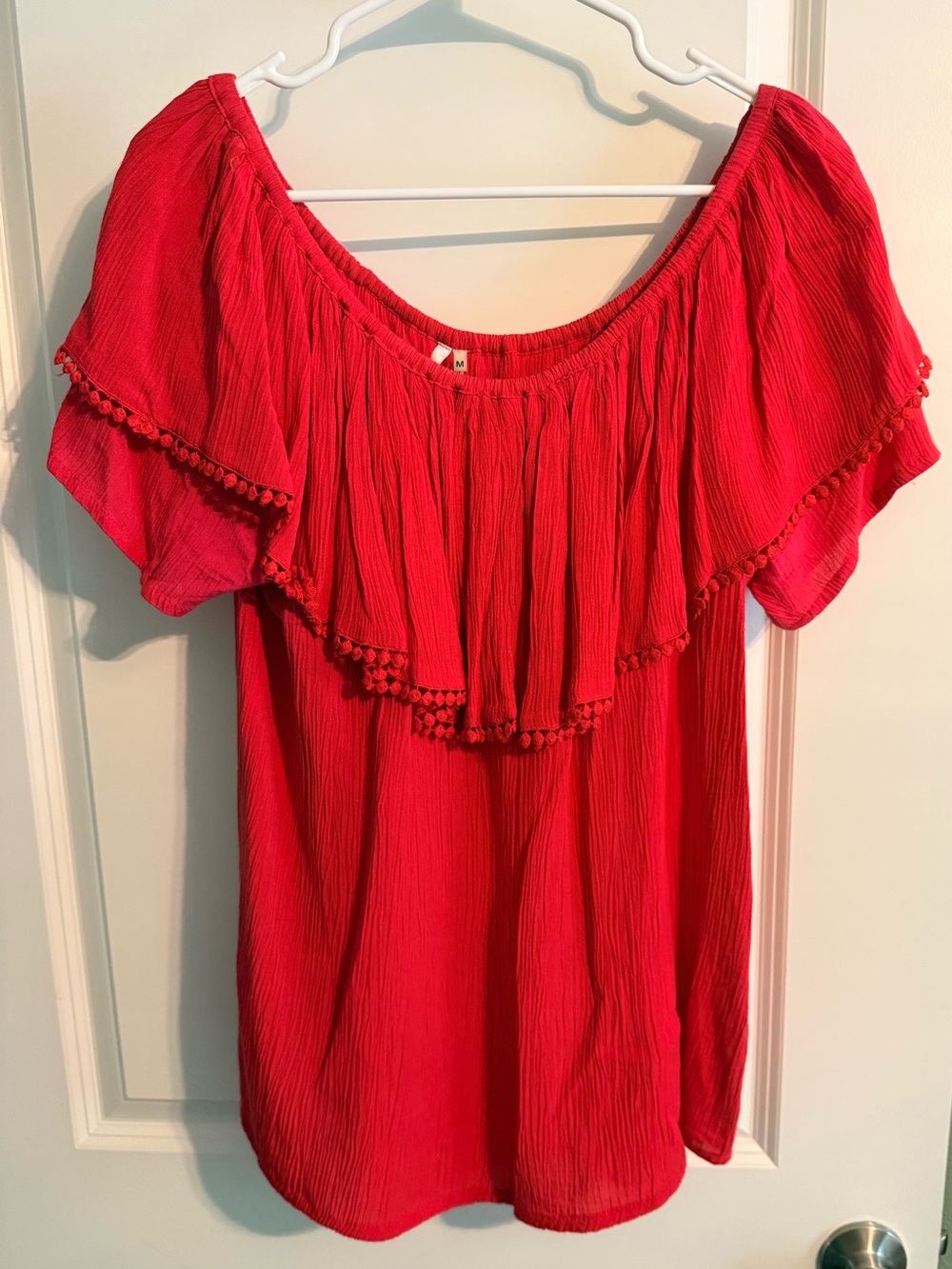 Kaktus Red Off-Shoulder Ruffle Tunic with Pom Trim